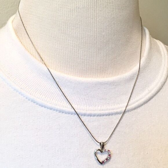 Sterling Silver Pink Sapphire Necklace Lab Created CZ Heart Pendant Snake Chain - Picture 12 of 16